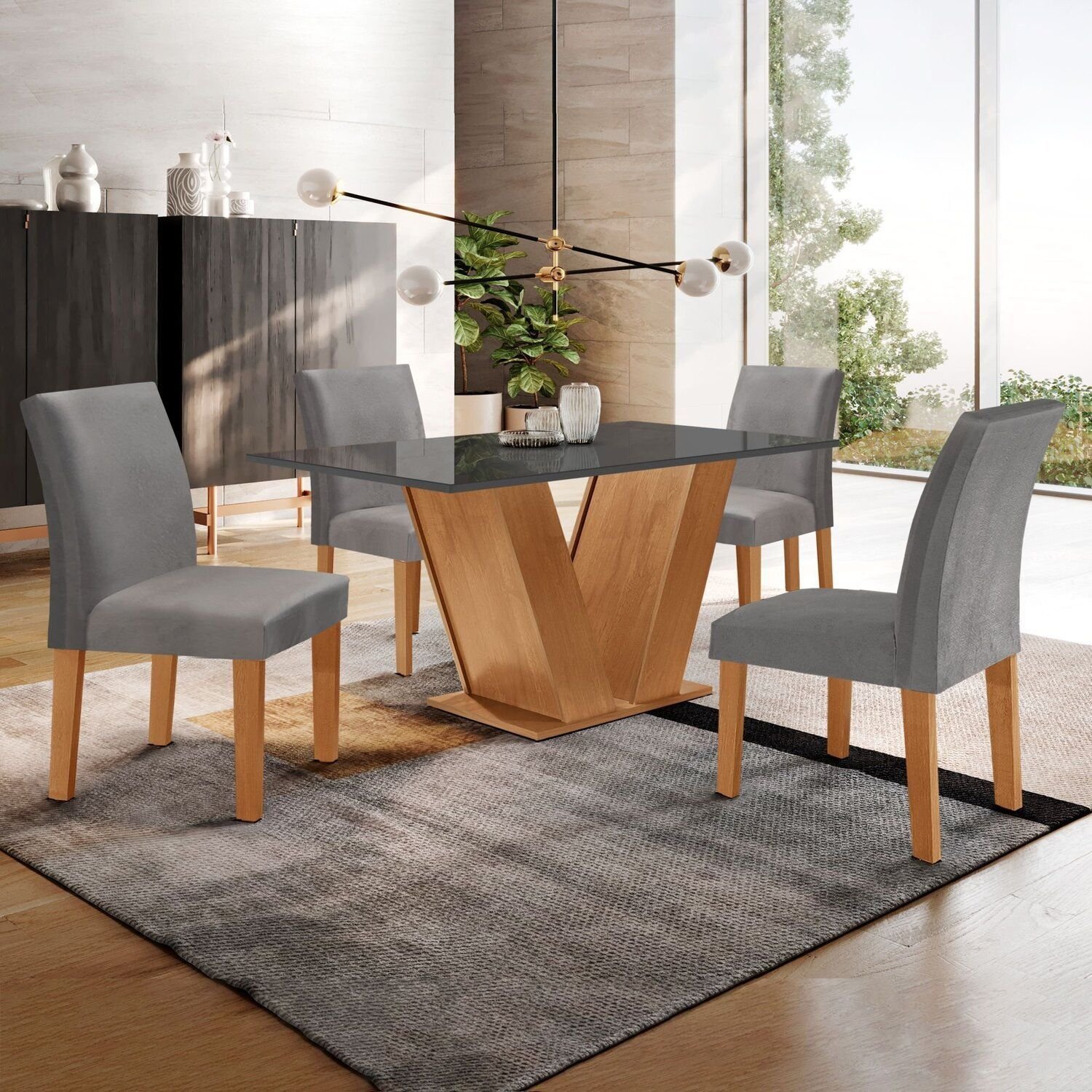 Conjunto Sala de Jantar Mesa 120x80cm Tampo Mdf/vidro com 4 Cadeiras Espanha Yescasa