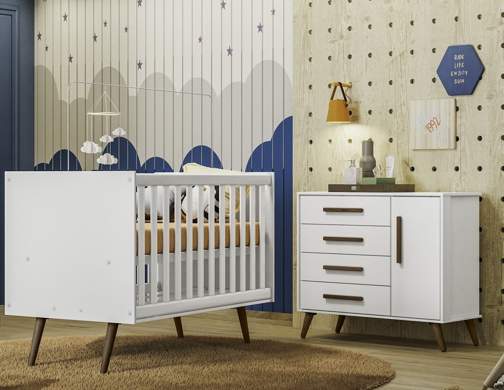 Quarto de Bebe Berço e Cômoda Q Encanto Retrô Branco Qmovi