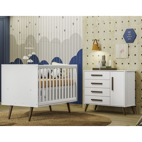 Quarto de Bebe Berço e Cômoda Q Encanto Retrô Branco Qmovi