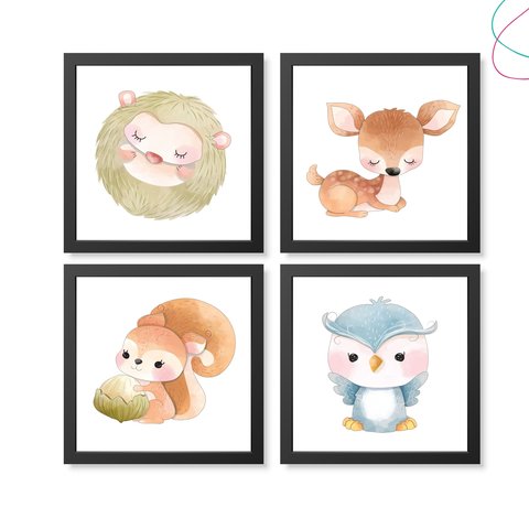 Kit com 4 Quadros Decorativos Animais Aquarela Bosque:preta