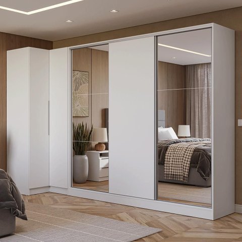 Guarda-roupa Modulado Neo + Guarda-roupa Royale 3 Portas de Correr com Espelhos Branco Madesa
