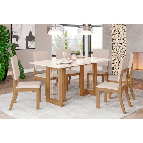Conjunto: Mesa Sala Jantar Yara C/ Tampo Madeirado C/ Vidro Reto 160x90cm e 6 Cadeiras Milla Nature/