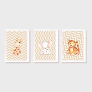 Kit Três Quadros Aquarela Safari Elefante, Girafa e Leopardo