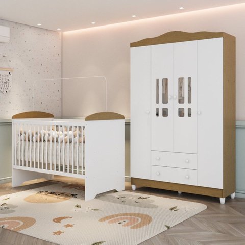 Conjunto Quarto Bebê Berço 3EM1 Eloá Guarda Roupa 4 Portas 100% MDF Branco com Bétula