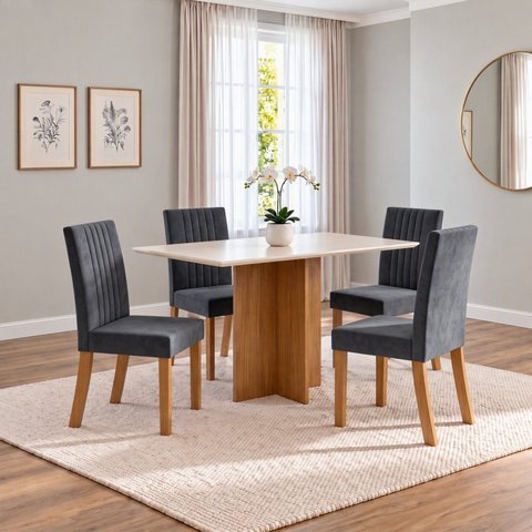Conjunto Sala de Jantar Mesa Lana 120cm Tampo MDF Canto Reto 4 Cadeiras Lily