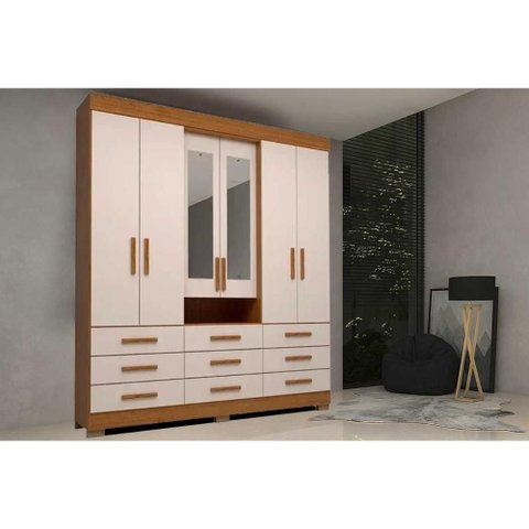 Guarda Roupa Casal 6 Portas (2 C/ Espelho) e 9 Gavetas Débora Cinamomo/off White - Acp