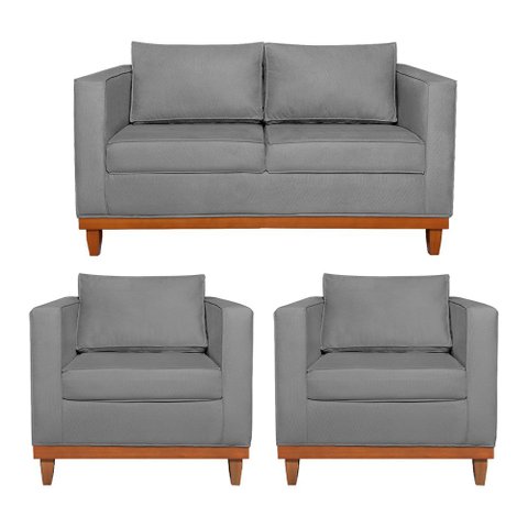 Kit Sofá 3 Lugares e 2 Poltronas Europa 180 cm Estilo Conforto e Elegância Suede Cinza - Amarena