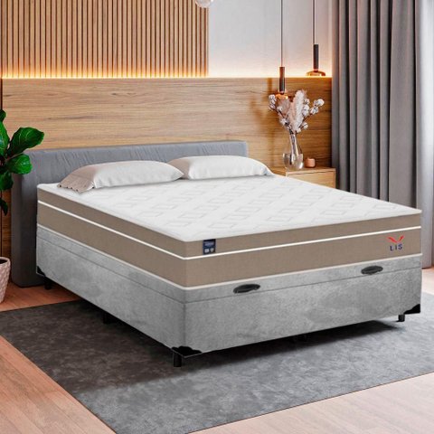 Cama Box Baú Casal Suede + Colchão Lis Molas Ensacadas Plumatex Cinza 138cm