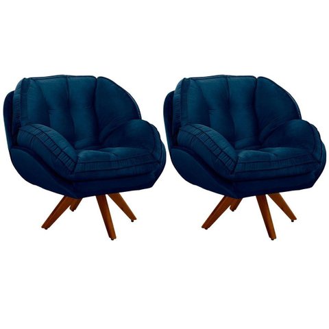 Kit 2 Poltronas para Sala e Escritório Base Giratória Vitória Veludo Azul Marinho