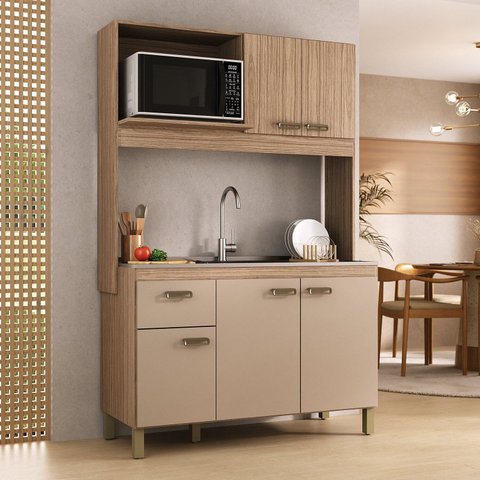 Cozinha Compacta 120cm 100% MDF 15cm 5 Portas e 1 Gaveta Marrom/Champagne/Rosé