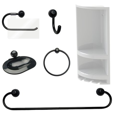 Suporte de Canto Cantoneira Porta Shampoo Branco + Kit para Banheiro Redondo 5 Pçs Preto