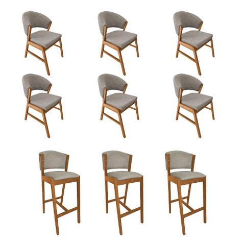 Kit 6 Cadeiras de Jantar Debora Madeira Maciça com 3 Banquetas Ana Cerejeira Premium Linho Bege