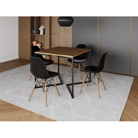 Mesa Industrial Base Ferro Preto em V Tampo 90x90 Amêndoa 4 Cadeiras Eames Madeira Assento Preto