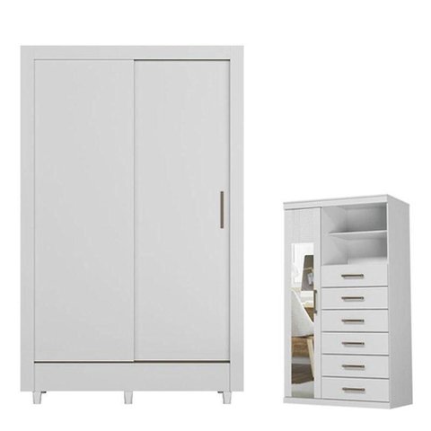 Guarda Roupa com Cômoda Casal Bélgica 2 Portas Correr 2 Gavetas MDP Branco Brilho Santos Andirá
