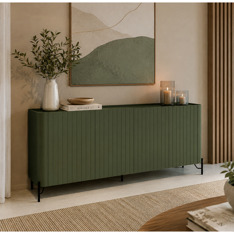 Balcão Buffet p/ Sala Porta Brise 180cm Pés Metal 100% MDF Cor:Musgo com Preto