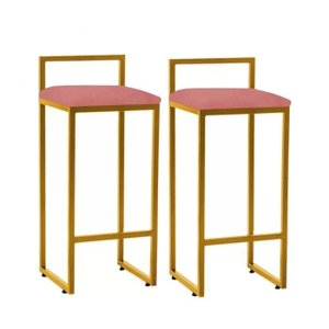Kit 2 Banquetas Altas Industrial em Aço Jade Dourado Assento Suede Rose Gold