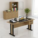 Ver imagem 1 de Conjunto Escritório 3 Peças 1 Armário Alto 1 Balcão Multiuso e 1 Mesa com 2 Gavetas e Chave Office Amêndoa Preto Marrom