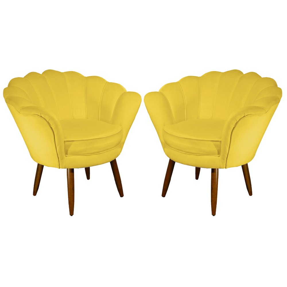 Kit 2 Poltronas Decorativa Pétala Pés Palito Suede Amarelo - Ds Estofados - 1