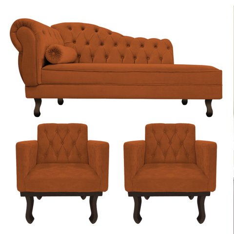 Kit Diva Recamier Diana 140cm Lado Direito e 02 Poltronas Classic Suede Terracota - ADJ Decor