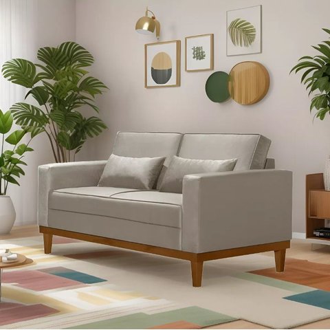Sofá Living Valência 1,58 Mts C/base Madeira Decor Veludo - Bege