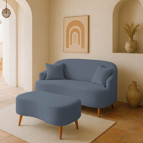 Conjunto Sofá Curvo Orgânico Malu + 01 Puff Suede Grafite