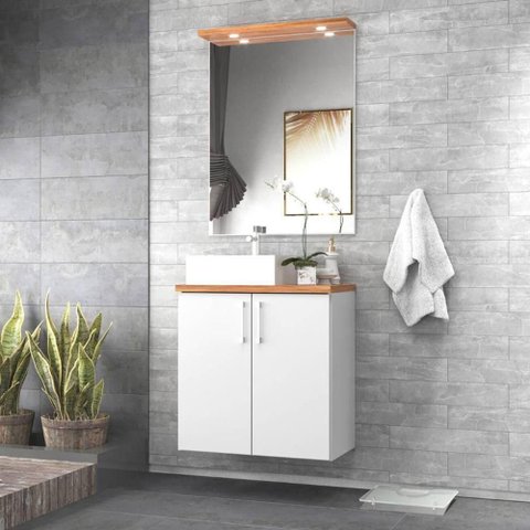 Gabinete para Banheiro com Cuba e Espelho com Led 60cm Mdf Freijo com Branco Paris - On Móveis