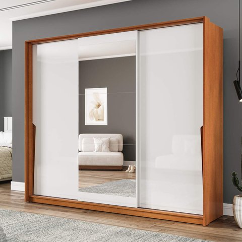 Guarda-roupa Casal Porto 3 Portas 4 Gavetas com Espelho Freijó/branco - Politorno
