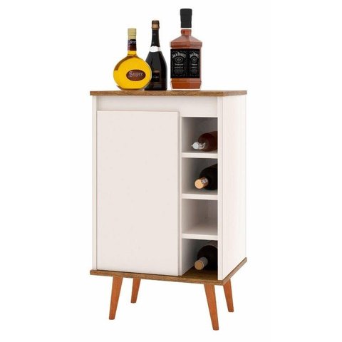 Buffet / Aparador Ma com Adega Estilo Retrô com Pés em Madeira Maciça Cor Off White / Freijó Jm