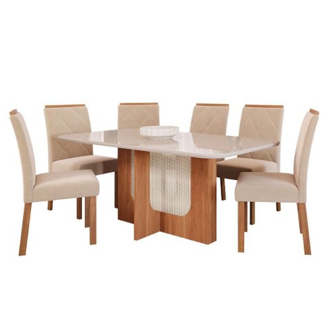 Conjunto de Mesa de Jantar Tampo de Vidro Off White Louise 1,60 com e 6 Cadeiras Fernanda Cinamomo/
