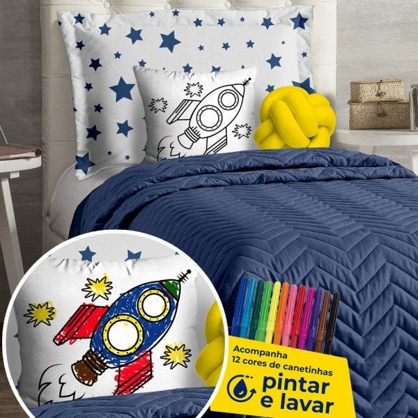 Kit Cobre Leito Solteiro Infantil Colors Foguete com Almofada para Colorir 7 Peças - Azul