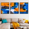 Quadro Abstrato Colorido Azul e Coral - Kit 3 telas - 60 x 40 cm - Preta - 1