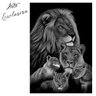 Quadro Família Leão 3 Filhotes Preto e Branco - Tela Única - 150 x 100 cm - Chassi - 2