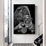 Quadro Família Leão 3 Filhotes Preto e Branco - Tela Única - 150 x 100 cm - Chassi - 1