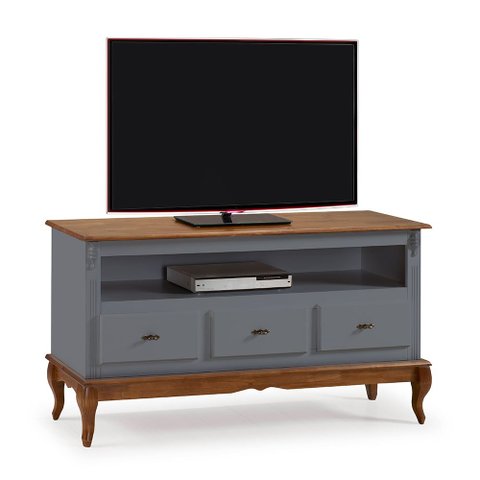 Rack para Sala com Pés Luis Xv 60501 Linz Móveis 3 Gavetas e Nicho - Cinza/imbuia Glazer