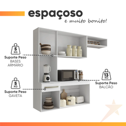 Armário de Cozinha Completa Suspenso com Balcão 6 Portas 1 Gaveta Belíssima Branco Aramóveis - 5 Armário de Cozinha Completa Suspenso com Balcão 6 Portas 1 Gaveta Belíssima Branco Aramóveis - 5