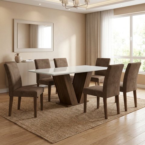Conjunto Mesa de Jantar com 6 Cadeiras em MDF/Vidro Casuá Off-White Marrom
