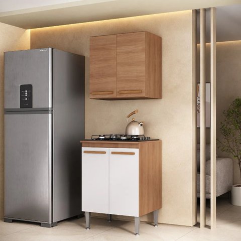 Balcão Multiuso Cooktop Joia 60cm + Aereo Madeirado/Branco Mesclado
