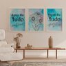 Quadro Fé e Gratidão Azul Floral - Kit 3 telas - 90 x 60 cm - Chassi - 1
