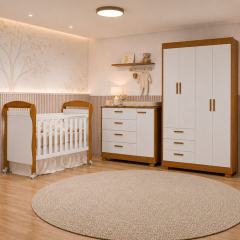 Quarto de Bebê Zaki Completo, Berço 2 em 1 Guarda-Roupa 4 Portas| Cômoda Sapateira 100% MDF Branco/Savana 