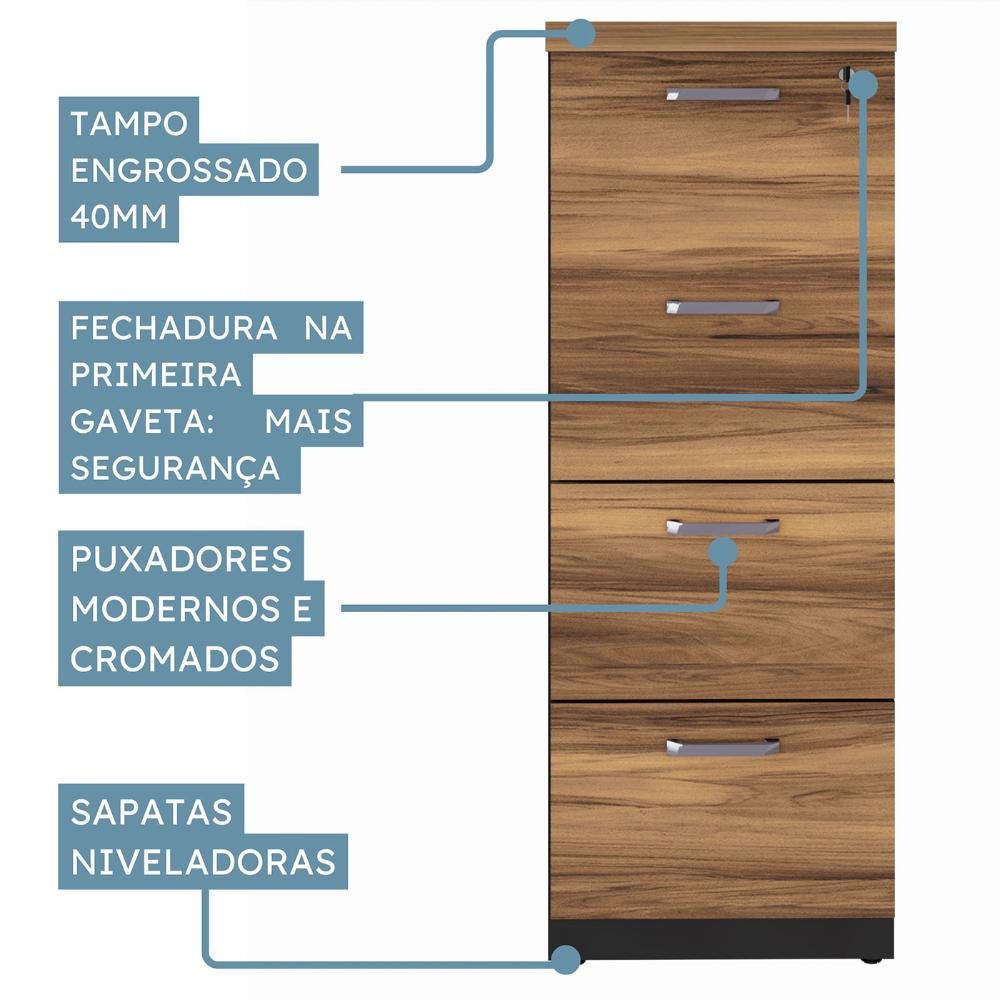 Armário Arquivo para Escritório 4 Gavetas Nogal Pr F5 Cor:nogal com Preto - 7