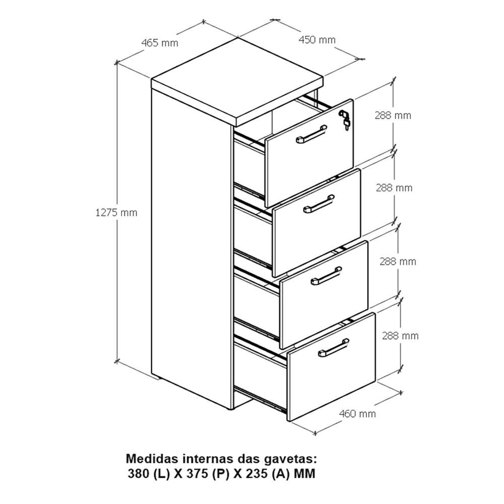 Armário Arquivo para Escritório 4 Gavetas Nogal Pr F5 Cor:nogal com Preto - 2