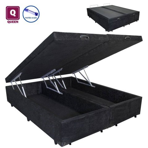 Base Box Baú Queen Size com Pistão a gás preto suede Bipartido - 158x198x27:PRETO