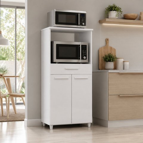 Armário 60cm Multiuso Paneleiro para 2 Fornos ou Microondas Balcão Cozinha 2 Portas 1 Gaveta Branco
