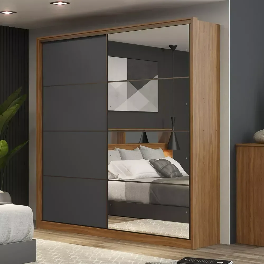 Guarda Roupa Casal Belga 1 Portas e 1 Espelho - Élpis Móveis - Nogueira Touch/preto Prime Tx