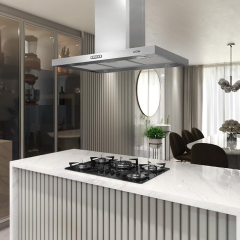 Coifa Ilha com Exaustor Retangular Fogatti 75 Cm Fogão Duto Slim 4 Lâmpadas Led Aço Inox 244w