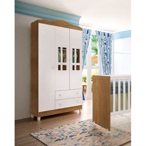 Guarda-Roupa Infantil 3 Portas 2 Gavetas Ariel Carolina Móveis Amadeirado/Branco