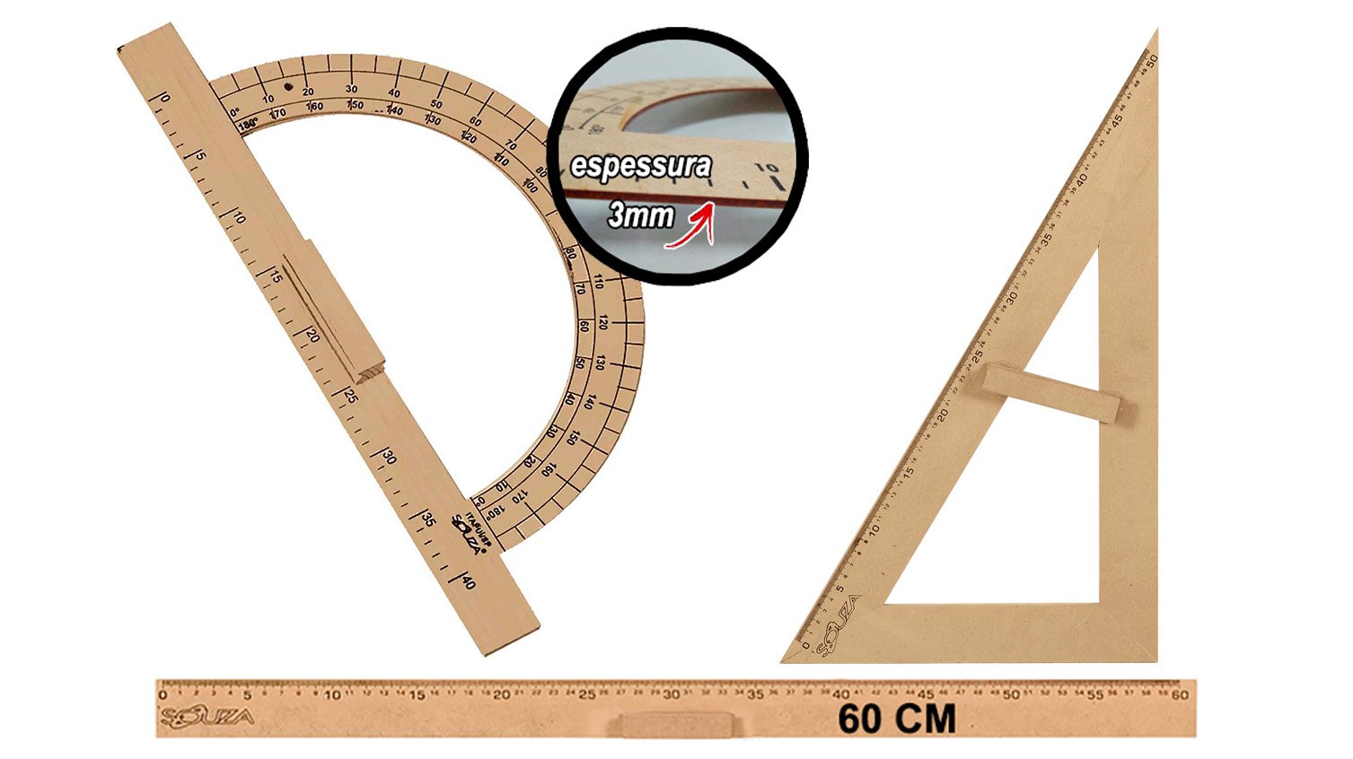 Kit Geométrico do Professor Mdf Com Régua 60 cm 1 Transferidor 180 Graus e 1 Esquadro 30º/60º Graus 