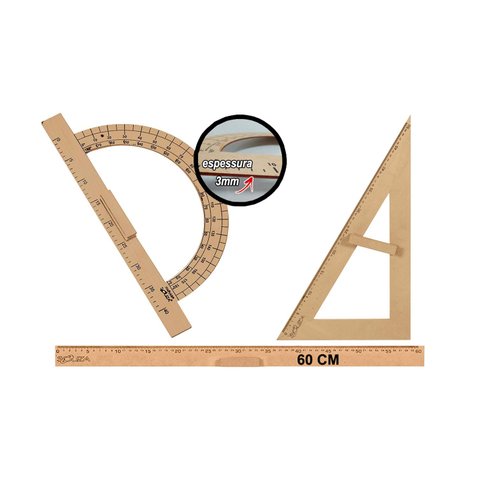 Kit Geométrico do Professor MDF com Régua 60 cm 1 Transferidor 180 Graus e 1 Esquadro 30º/60º Graus 