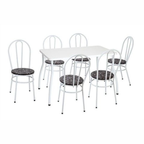 Mesa com 6 Cadeiras Branca 117x70 Assento Preto Floral - Fil Móveis