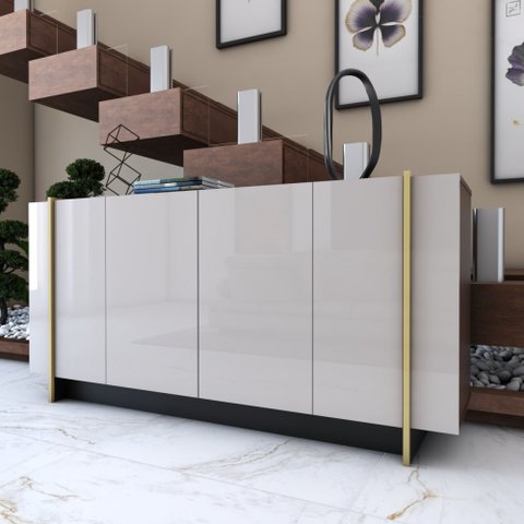 Balcão Buffet Balneário Camboriú 4 Portas 2 Prateleiras Off White/dourado - Panorama Móveis